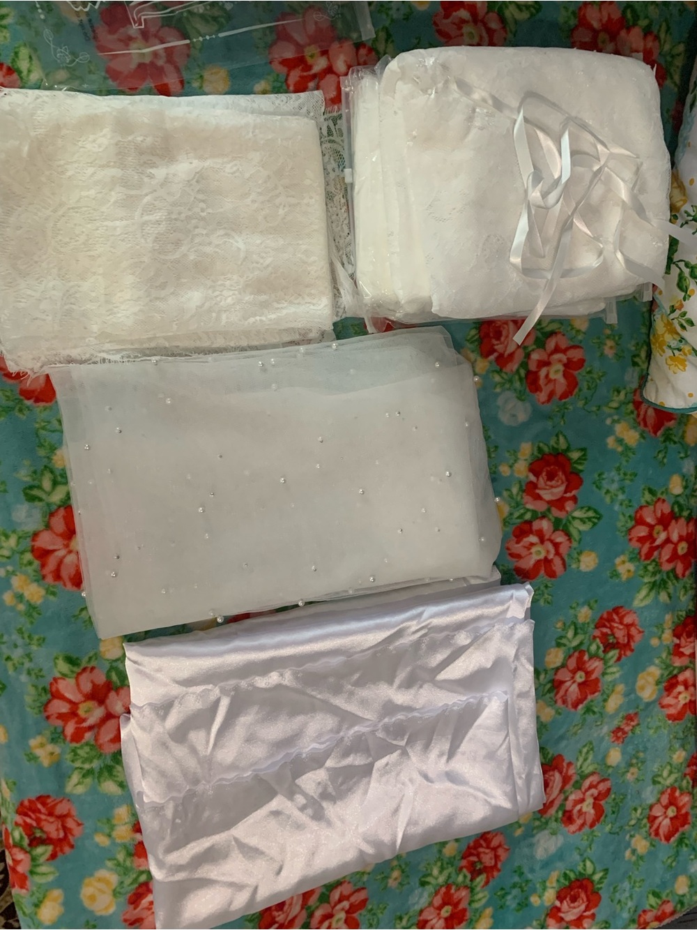 8 Piece Lace & Satin White Table Linens For Sweetheart Table Tablecloths & Drape